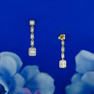 14k Solid <b>Gold</b> Natural Diamond Baguette Milgrain Bezel <b>Dangle</b> Hoop <b>Earings</b> Art Deco Inspired Vintage Style Elegant Fine Jewelry - Product Image 2