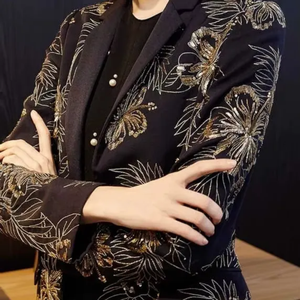 Luxury Men Blazer <b>Jacket</b> Cotton Metallic Bugle Bead Vinework Trending Embroidery Black Fabric Rectangular Shape Party Outerwear - Product Image 6