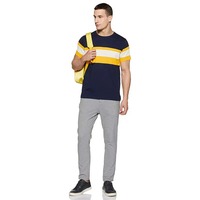 T-shirt à manches courtes rayé col rond pour homme, tricoté, coupe décontractée, color block bleu marine, jaune et blanc