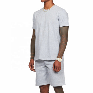Men's Gray Cotton Crew Neck T-Shirt <b>Set</b> Casual Summer <b>Knitted</b> Solid Color Breathable Short Sleeve Tops And Shorts - Product Image 1
