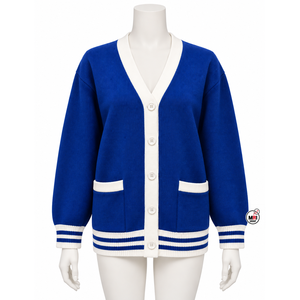 Women Blue <b>White</b> V-Neck <b>Cardigan</b> Full Sleeves OEM <b>Knitted</b> Sweaters With Pockets Preppy Style Causal Wholesale Autumn Winter Wear - Product Image 1