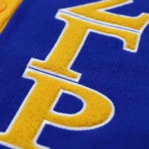 Sigma Gamma Rho Men's Blue Gold Letterman <b>Cardigan</b> <b>Sweater</b> Full Sleeve V-Neck Knit Patch Design Winter Wear Anti-Wrinkle - Product Image 4