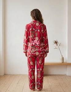Luxury Maroon Cotton Pajama Set for Women Elegant Floral Pineapple Flock Print Summer Nightwear with Elastic Waist - Product Image 6