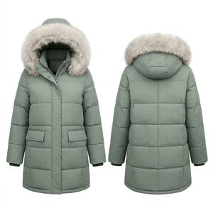 Manteau long matelassé en polyester vert sauge pour femme avec capuche en fourrure, poches plaquées, veste d'hiver, vêtement d'extérieur d'hiver - Product Image 3
