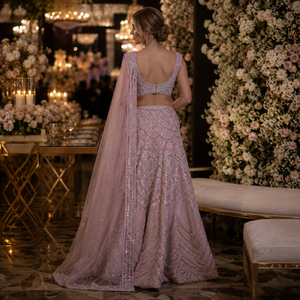 ชุดเลเฮนกาโชลีเจ้าสาวปักลายสีชมพูสุดหรู พร้อมผ้าคลุมไหล่เนื้อนุ่ม |   งานปักเลื่อมหนักแน่นด้วยมือสำหรับงานเลี้ยงฉลองสมรส ดีไซน์เนอร์สไตล์ชาติพันธุ์ - Product Image 3