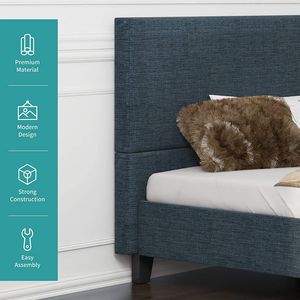 Blue Linen Upholstered Twin <b>Platform</b> <b>Bed</b> with Fabric Headboard Soft Mattress Foundation on Wood Slats Metal <b>Frame</b> - Product Image 4