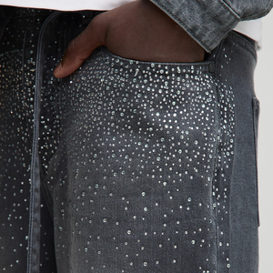 Pantalones Vaqueros Grises Lavados con Estampado de Diamantes de Imitación de Pierna Recta para Hombre, Estilo Urbano, Ajuste Relajado, Cintura Media, con Cinturón, de Mezclilla, ¡Venta Caliente! - Product Image 3