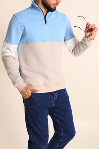 Sweat-shirt pour homme à col montant zippé, coupe droite, tricoté, color block, décontracté, pour l'automne, bleu clair et beige, manches longues - Product Image 6
