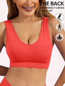 Ladies Deep Scoop Neck Sport Brassiere <b>Open</b> Back Running Vest Wide Straps Athletic Crop Top Removable Pads Wholesale - Product Image 2