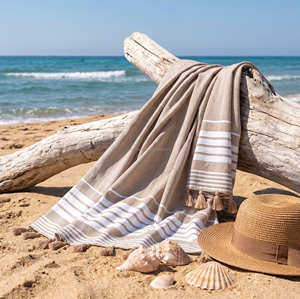 90x170 cm Beige Striped Turkish <b>Beach</b> <b>Towel</b> Woven Cotton Fouta Blanket Quick Dry Peshtemal <b>Travel</b> Wrap Bulk Supplier Factory - Product Image 1
