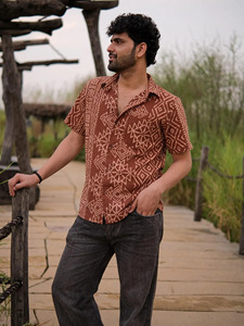 Camisa de Algodón Estampada a Mano en Color Marrón Óxido para Hombre, Motivo Geométrico Tradicional, Ropa Casual de Verano, Camisa de Tela de Algodón Transpirable - Product Image 5