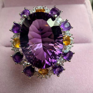 แหวนเงินแท้ 925 ประดับพลอยอเมทิสต์และซิทริน แหวนค็อกเทลพลอยธรรมชาติสำหรับผู้หญิง เครื่องประดับคุณภาพสูง - Product Image 1