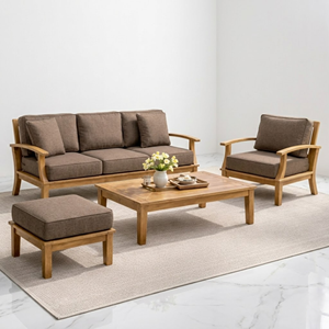 Teak Wood Living Room <b>Sofa</b> Set Solid Timber Vertical Slatted Back Upholstered Couch Lounge <b>Suite</b> for Villa Home Interiors - Product Image 4