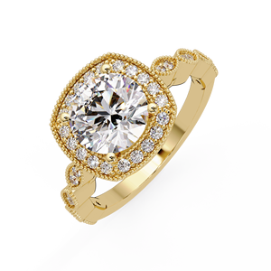 Cushion Halo Frame Round Cut Lab Diamond IGI Certified Diamond Dual Band Design 14K Pure Gold Milgrain Beaded Engagement Rings - Product Image 3