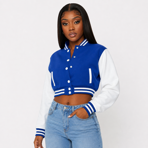 Women Crop Top Varsity Jacket Featuring Snap Button Front Rib Knit Trim And Relaxed Fit For Casual Daily Outfits New 2026 - Product Image 6