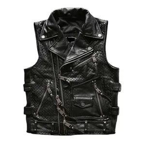 Genuine Leather Vest Mesh Breathable Zipper Thick Motorcycle Rider Vest Plus Size Sleeveless Oversize Tall Fat Men Vest