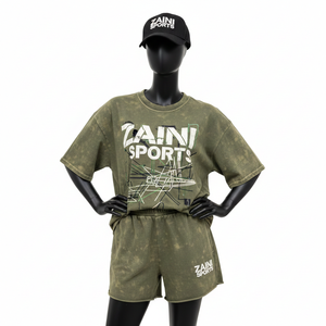 Premium Cotton Jersey <b>Women</b> <b>T</b> <b>shirt</b> Booty <b>Short</b> <b>Set</b> 220 GSM Soft Washed Fabric Olive Tone Custom Print Logo <b>Women's</b> <b>Sets</b> - Product Image 1