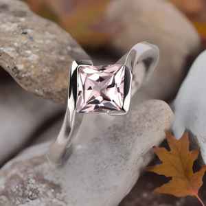 Princess Cut Morganite Ring Vintage Unique Engagement Ring Rose <b>Gold</b> Princess Cluster Bypass Dainty Wedding Ring - Product Image 1