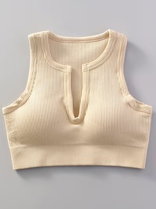 Sujetador deportivo para mujer con cuello en V, sin costuras, acanalado, top corto, bralette de gimnasio con cuello en V dividido, sujetador de running y entrenamiento con almohadillas extraíbles - Product Image 1