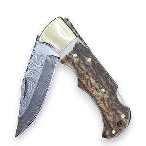 Couteau utilitaire pliant en acier Damas, manche en bois de cerf, étui en cuir, couteau de poche EDC pour la chasse et le camping, couteau personnalisé, support OEM - Product Image 1