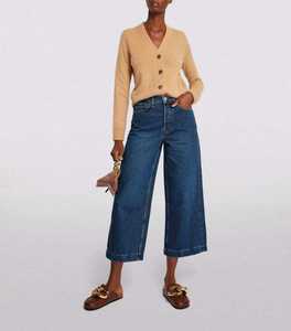 Jean en denim délavé taille haute à jambe large pour femme grande taille, longueur mollet, style décontracté, 100 % coton, fermeture boutonnée - Product Image 1