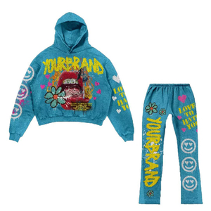 Conjunto de Sudadera con Capucha y Pantalones Acampanados de Talla Grande para Hombre, Estilo Urbano, Ropa Personalizada con Estampado de Serigrafía Intensa y Lavado Ácido - Product Image 6