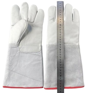 Gants de soudage TIG en cuir véritable blancs avec bordure rouge et design de pouce intégré, résistants aux éclaboussures de métal fondu, en coton, pour soudage à l'arc. - Product Image 3