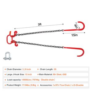 Catena di traino G80 V Bridle Chain per impieghi gravosi 3/8'' x 3 con ganci a J da 15'' e ganci di presa, bridle da 78'' per trasporto e traino - Product Image 4