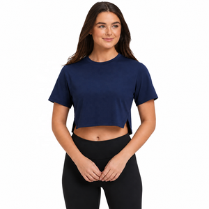 Camiseta Corta Azul Marino para Mujer, Cuello Redondo, Corte Regular, Color Sólido, Tela Jersey Transpirable, Ropa Casual de Verano - Product Image 1