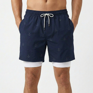 Shorts de bain décontractés pour hommes, séchage rapide, avec doublure intérieure en maille, imperméables, 100 % coton, anti-UV, fermeture à cordon, imprimé ancre noire, vente en gros - Product Image 5