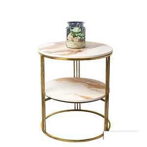 <b>Round</b> Marble Top <b>Side</b> <b>Table</b> Two Tier Gold Frame Modern Minimalist Handcrafted Eco Friendly Elegant Living Room Furniture - Product Image 1
