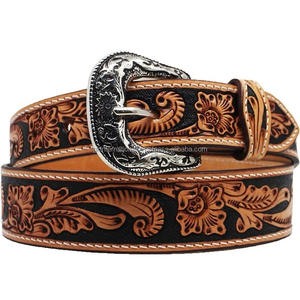 Cinturón de cuero occidental genuino para hombre hecho a medida en relieve con diseño de hoja Premium con hebilla de pasador de latón antiguo de diseñador - Product Image 2