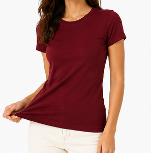 Camiseta de Cuello Redondo Color Granate para Mujer, Corte Ajustado, Manga Corta, Color Sólido, Ropa Casual, Transpirable y Cómoda - Product Image 4