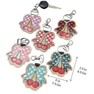 Handcrafted Hand Tooled Genuine Leather Cherry Bow Keychain Checkered Western Style Cute <b>Bag</b> <b>Charm</b> Durable Metal Ring Keychain - Product Image 2