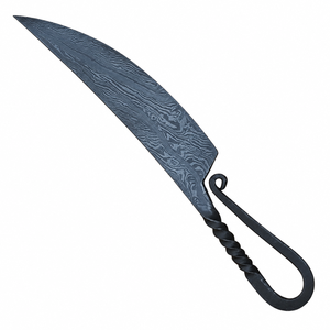 Cuchillo de Caza Curvo con Patrón Damasco Azul Gris, Mango de Metal Trenzado Negro, Agarre de Gancho y Bucle, Herramienta de Corte para Camping al Aire Libre - Product Image 5
