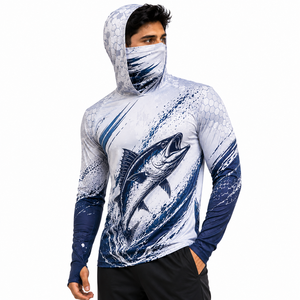Hoodie de pêche personnalisé pour homme, bleu marine clair, à manches longues, imprimé numérique motif éclaboussures de poisson, séchage rapide, UPF 50, respirant - Product Image 4