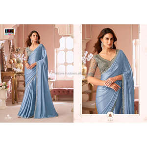 Saree de fantaisie indien avec séquence bicolore et broderie de fil Satin Banglory chemisier en soie avec col à nœud un ensemble - Product Image 6