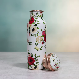 Bouteille d'eau en cuivre pur à imprimé floral 1000 ml, noire, motif botanique, anti-fuite, thermos de fitness avec revêtement laqué - Product Image 4