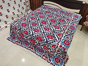 Indian Suzani Embroidery Bedspread Ethnic Art Cotton <b>Bed</b> <b>Sheet</b> Pillow Cover Duvet with Uzbek Design Handmade Embroidered Blanket - Product Image 1