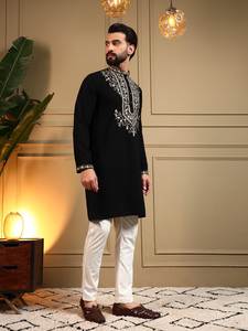 Ensemble Kurta Pyjama en Soie Brodé pour Homme, Tunique Noire avec Broderie Filée, Coupe Slim, Tenue Ethnique pour Mariage et Fêtes, Vente en Gros - Product Image 3