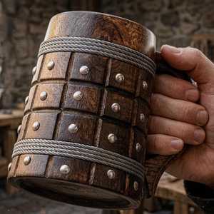 Jarra de Madera Hecha a Mano, Jarra de Cerveza Rústica, Jarra de Madera Estilo Vikingo, Vajilla para Bebidas - Product Image 1
