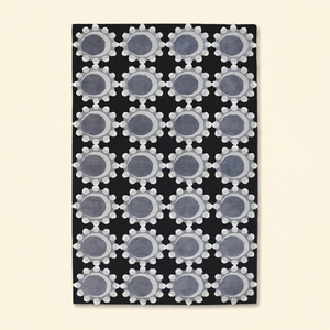Tapis rectangulaire géométrique noir et gris en laine fait main, antidérapant, écologique, à poils épais, avec motif halo médaillon, pour salon - Product Image 1
