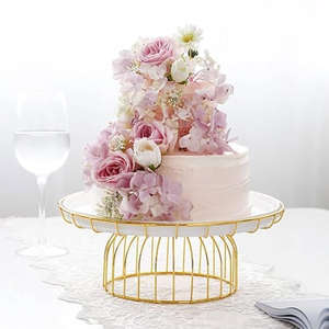Support à gâteau rond en métal avec dessus blanc et base en fil doré, support décoratif pour cupcakes et desserts, support à gâteau d'anniversaire - Product Image 3