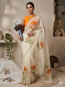 Soft Teby Silk Digital Floral Print <b>Saree</b> with Hand Cutdana Moti Work Border & Mono <b>Blouse</b> Pearl Petal <b>Saree</b> Royal Flora <b>Saree</b> - Product Image 4