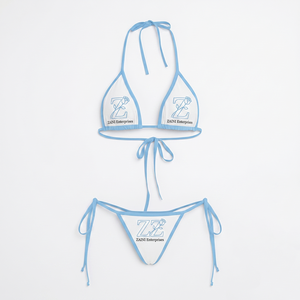 Women <b>Bikini</b> <b>Set</b> 220 GSM Premium 100% Polyester <b>White</b> Blue Contrast Binding Triangle <b>Bikini</b> Custom Embroidery Logo OEM ZAINI - Product Image 1