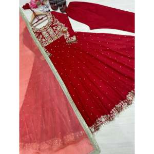 Ensemble Anarkali en soie Chinon avec dupatta et pantalon palazzo pour femmes, look élégant pour les fêtes - Product Image 6