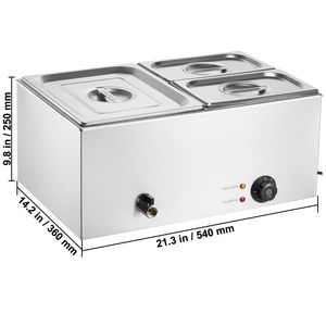 24QT Professional Commercial Food Warmer 3 <b>Pan</b> <b>Electric</b> Steam Table 1200W Manual Stainless Steel Buffet Bain Marie Countertop 8 - Product Image 4