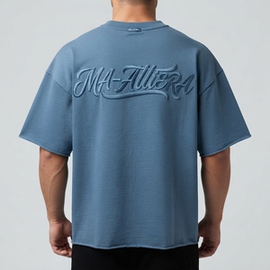Men's <b>Blue</b> Oversized <b>T</b> Shirt Tonal Raised Graphic Short Sleeve Crew Neck Casual Streetwear Apparel Wholesale Supplier - Product Image 4