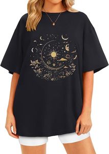 Camiseta Negra Holgada para Mujer con Estampado Celestial Dorado, Hombros Caídos, Manga Corta, Cuello Redondo, Estilo Bohemio, Top de Verano - Product Image 3