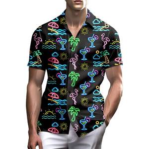 Camisa Aloha de punto con estampado neón hawaiano divertido para hombre, transpirable, con botones, 100% poliéster, manga corta, para verano, con estampado brillante. - Product Image 2